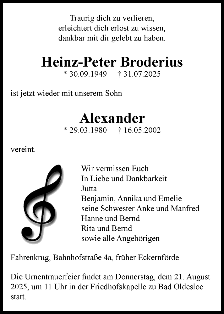  Traueranzeige für Alexander Broderius vom 09.08.2025 aus Eckernförder Zeitung, Hallo Eckernförde