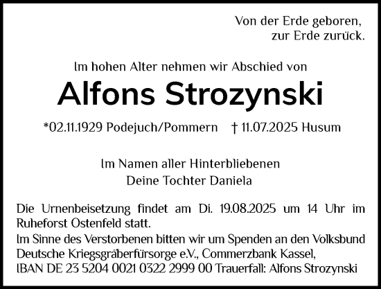 Traueranzeige von Alfons Strozynski von Husumer Nachrichten, Nordfriesland Tageblatt