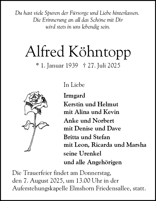 Traueranzeige von Alfred Köhntopp von Elmshorner Nachrichten, Barmstedter Zeitung