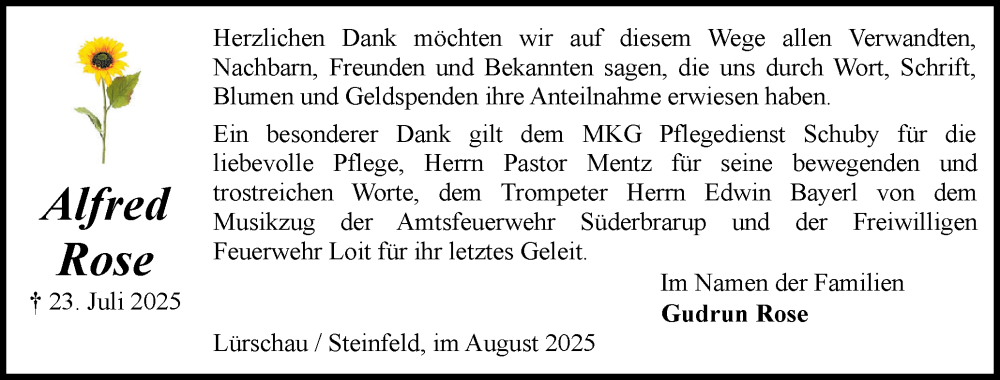  Traueranzeige für Alfred Rose vom 23.08.2025 aus Schleswiger Nachrichten, Schlei-Bote