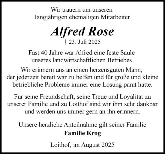 Traueranzeige von Alfred Rose von Schleswiger Nachrichten, Schlei-Bote
