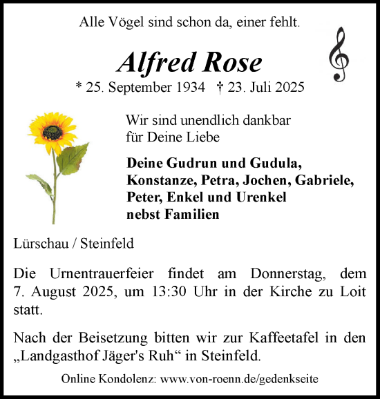 Traueranzeige von Alfred Rose von Schleswiger Nachrichten, Schlei-Bote