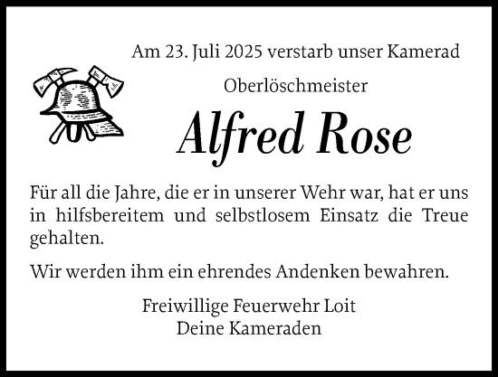 Traueranzeige von Alfred Rose von Schleswiger Nachrichten, Schlei-Bote