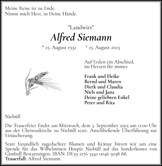 Traueranzeige von Alfred Siemann von Husumer Nachrichten, Nordfriesland Tageblatt