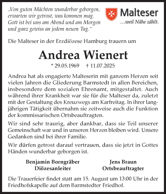 Traueranzeige von Andrea Wienert von Elmshorner Nachrichten, Barmstedter Zeitung