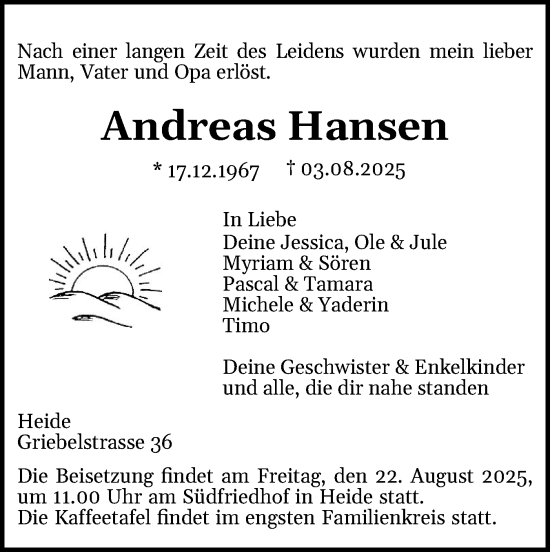 Traueranzeige von Andreas Hansen von Schleswig-Holsteinische Landeszeitung