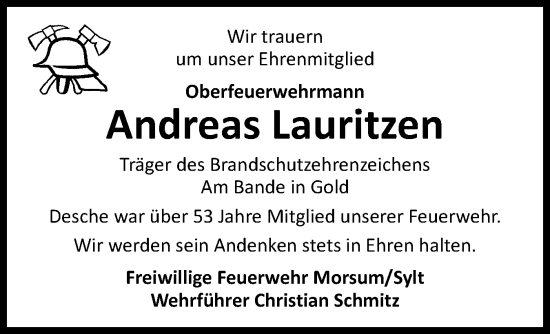 Traueranzeige von Andreas Lauritzen von Sylter Rundschau