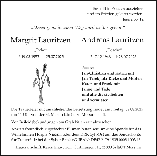 Traueranzeige von Andreas Lauritzen von Sylter Rundschau