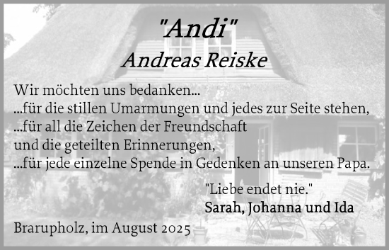 Traueranzeige von Andreas Reiske von Schleswiger Nachrichten, Schlei-Bote