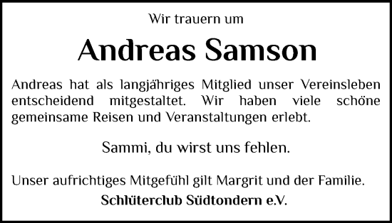 Traueranzeige von Andreas Samson von Husumer Nachrichten, Nordfriesland Tageblatt