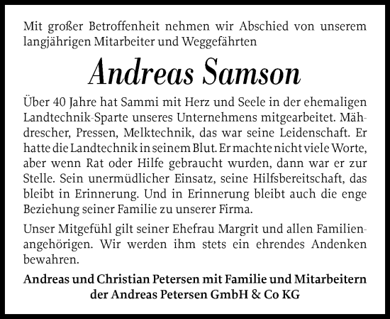 Traueranzeige von Andreas Samson von Husumer Nachrichten, Nordfriesland Tageblatt