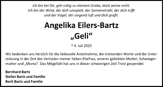 Traueranzeige von Angelika Eilers-Bartz von Holsteinischer Courier