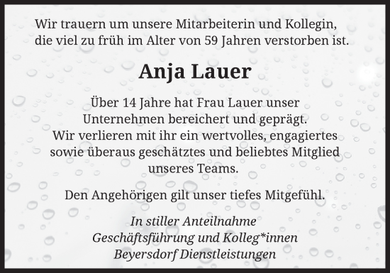 Traueranzeige von Anja Lauer von Flensburger Tageblatt