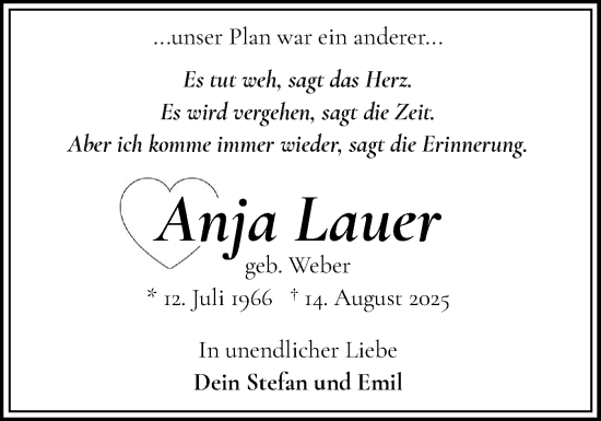 Traueranzeige von Anja Lauer von Flensburger Tageblatt