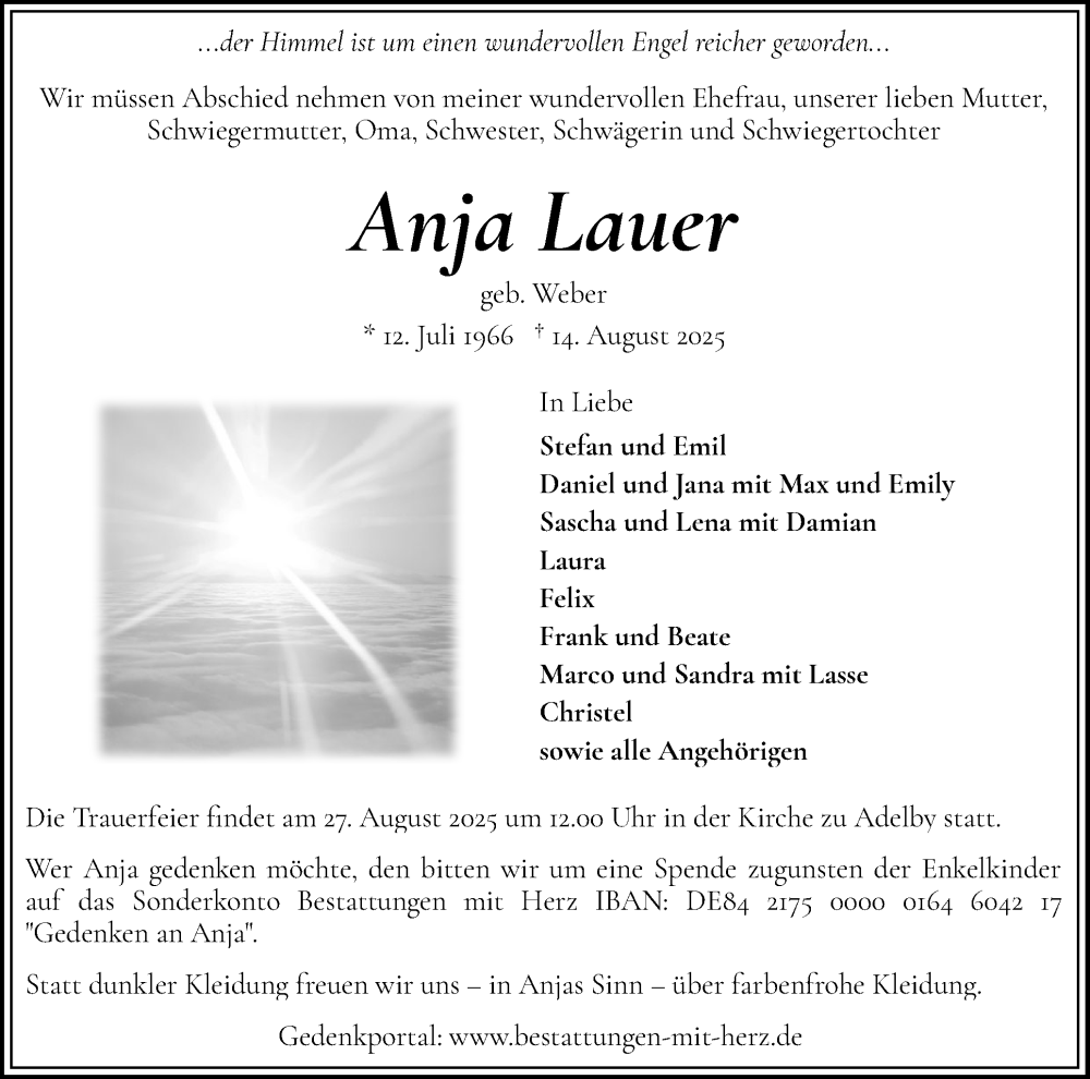  Traueranzeige für Anja Lauer vom 23.08.2025 aus Flensburger Tageblatt