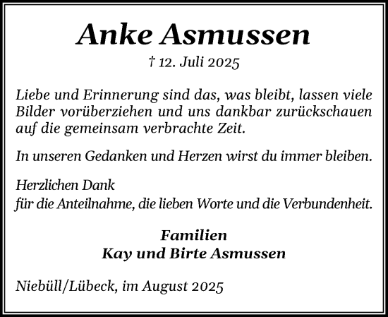 Traueranzeige von Anke Asmussen von Husumer Nachrichten, Nordfriesland Tageblatt
