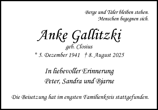 Traueranzeige von Anke Gallitzki von Region Pinneberg und tip Pinneberg