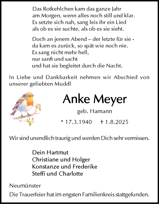 Traueranzeige von Anke Meyer von Holsteinischer Courier