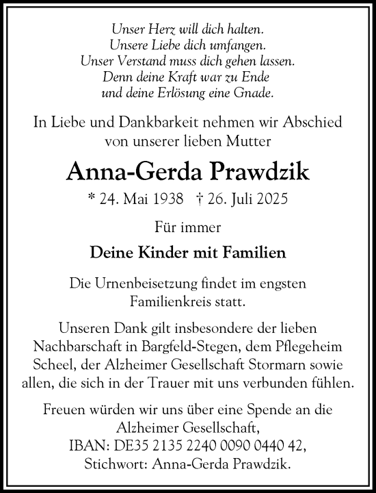 Traueranzeige von Anna-Gerda Prawdzik von MARKT Ahrensburg/Bargteheide/Trittau und Stormarner Tageblatt