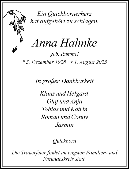 Traueranzeige von Anna Hahnke von Umschau