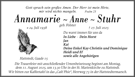 Traueranzeige von Annamarie Stuhr von Husumer Nachrichten, Nordfriesland Tageblatt