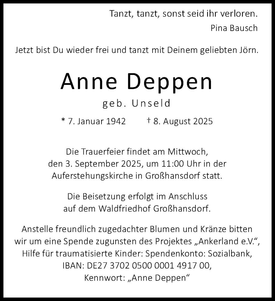 Traueranzeige für Anne Deppen vom 23.08.2025 aus MARKT Ahrensburg/Bargteheide/Trittau und Stormarner Tageblatt