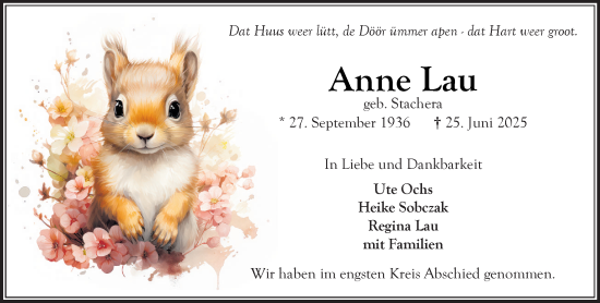 Traueranzeige von Anne Lau von MARKT Bad Oldesloe/Reinfeld und Stormarner Tageblatt