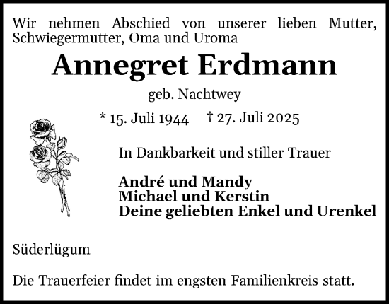 Traueranzeige von Annegret Erdmann von Husumer Nachrichten, Nordfriesland Tageblatt