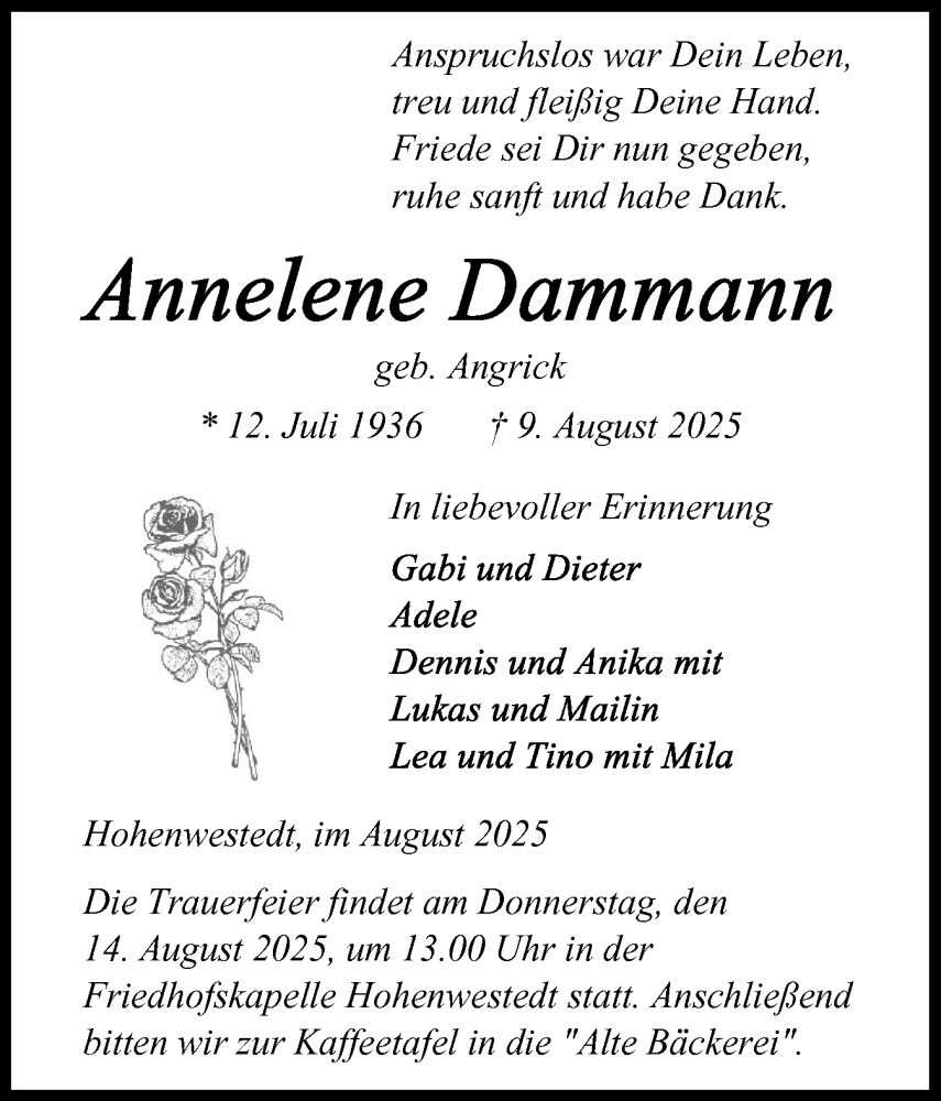  Traueranzeige für Annelene Dammann vom 12.08.2025 aus Schleswig-Holsteinische Landeszeitung