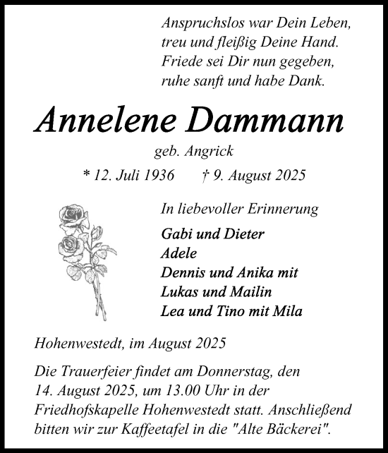Traueranzeige von Annelene Dammann von Schleswig-Holsteinische Landeszeitung