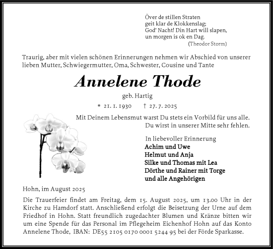 Traueranzeige von Annelene Thode von Schleswig-Holsteinische Landeszeitung