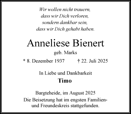 Traueranzeige von Anneliese Bienert von MARKT Ahrensburg/Bargteheide/Trittau und Stormarner Tageblatt