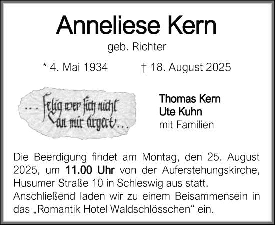 Traueranzeige von Anneliese Kern von Flensburger Tageblatt, Schleswiger Nachrichten, Schlei-Bote
