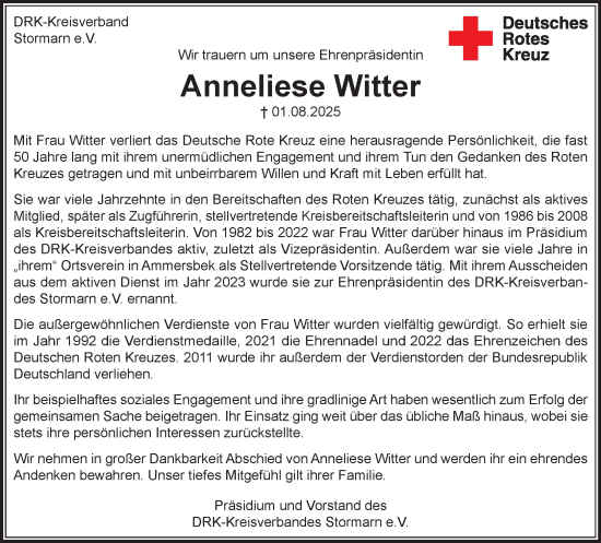 Traueranzeige von Anneliese Witter von MARKT Bad Oldesloe/Reinfeld, MARKT Ahrensburg/Bargteheide/Trittau und Stormarner Tageblatt
