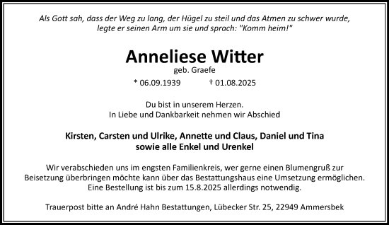 Traueranzeige von Anneliese Witter von MARKT Bad Oldesloe/Reinfeld, MARKT Ahrensburg/Bargteheide/Trittau und Stormarner Tageblatt