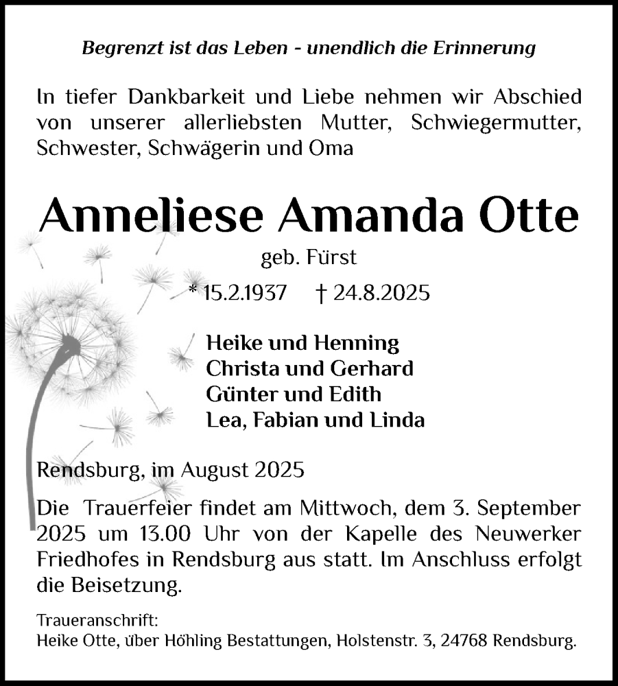  Traueranzeige für Anneliese Amanda Otte vom 30.08.2025 aus Schleswig-Holsteinische Landeszeitung