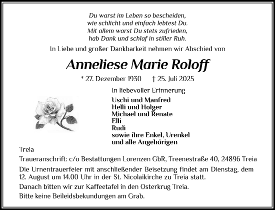 Traueranzeige von Anneliese Marie Roloff von Schleswig-Holsteinische Landeszeitung