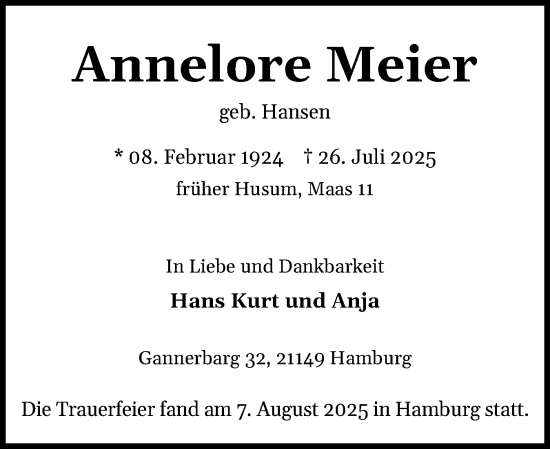 Traueranzeige von Annelore Meier von Husumer Nachrichten, Nordfriesland Tageblatt