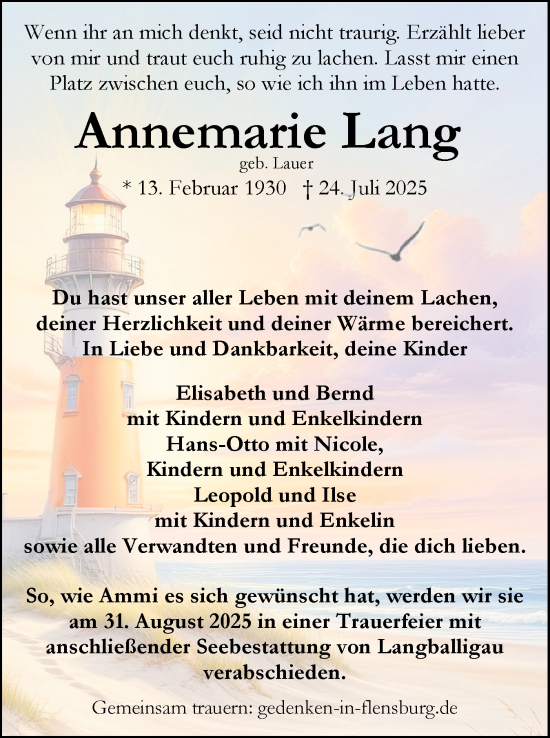 Traueranzeige von Annemarie Lang von Flensburger Tageblatt