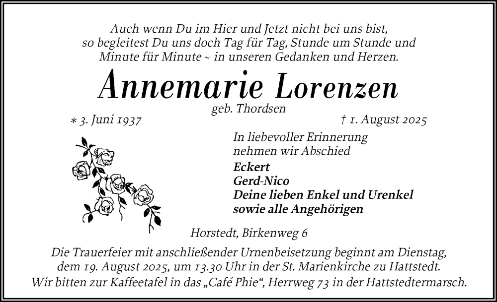  Traueranzeige für Annemarie Lorenzen vom 12.08.2025 aus Husumer Nachrichten, Nordfriesland Tageblatt