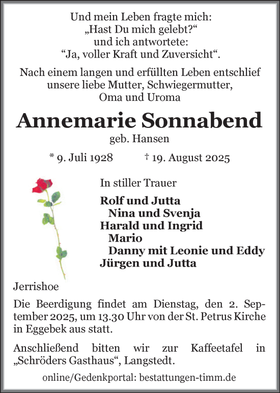 Traueranzeige von Annemarie Sonnabend von Flensburger Tageblatt