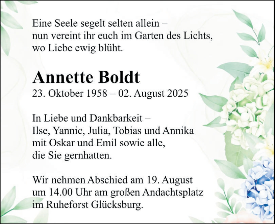 Traueranzeige von Annette Boldt von Flensburger Tageblatt
