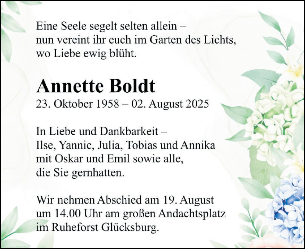  Traueranzeige für Annette Boldt vom 09.08.2025 aus Flensburger Tageblatt