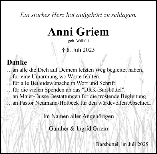 Traueranzeige von Anni Griem von MARKT Glinde/Reinfeld