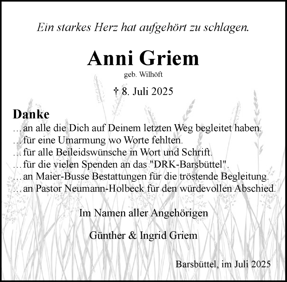  Traueranzeige für Anni Griem vom 02.08.2025 aus MARKT Glinde/Reinbek