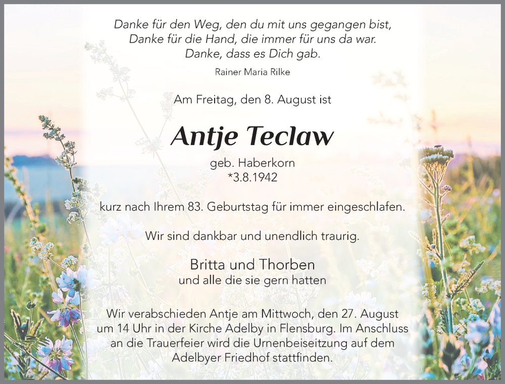  Traueranzeige für Antje Teclaw vom 23.08.2025 aus Die WochenSchau Gesamtausgabe