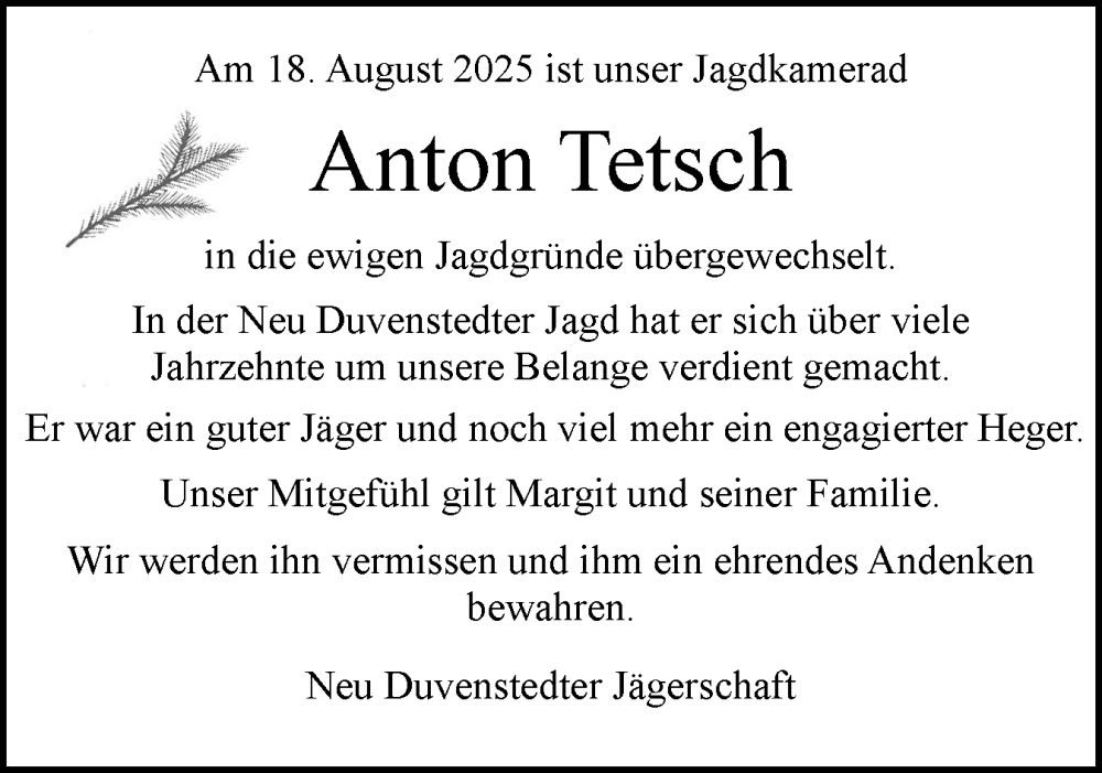  Traueranzeige für Anton Tetsch vom 30.08.2025 aus Schleswig-Holsteinische Landeszeitung
