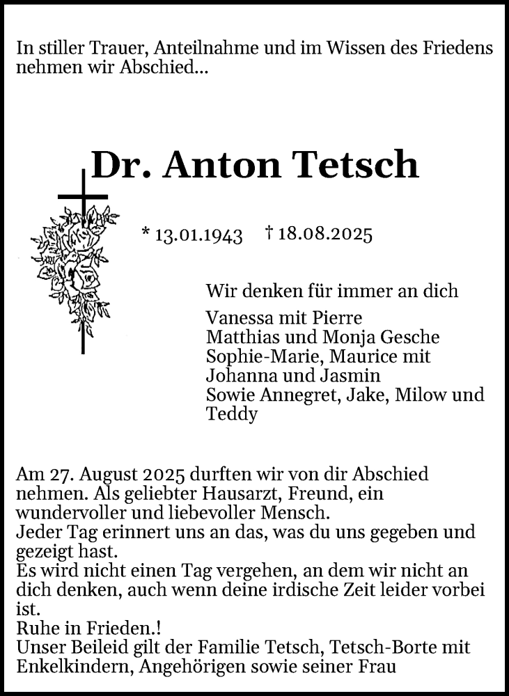  Traueranzeige für Anton Tetsch vom 29.08.2025 aus Digitale Anzeige