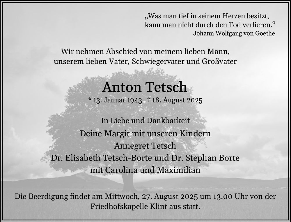  Traueranzeige für Anton Tetsch vom 23.08.2025 aus Schleswig-Holsteinische Landeszeitung