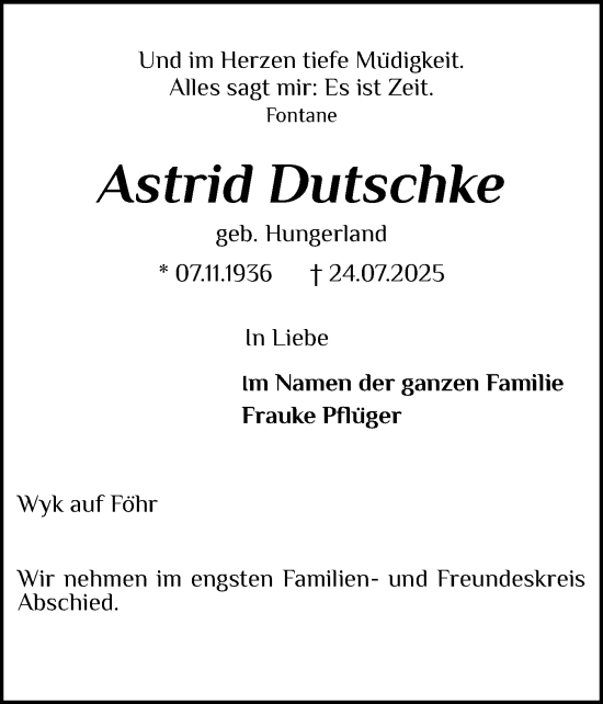 Traueranzeige von Astrid Dutschke von Der Insel-Bote